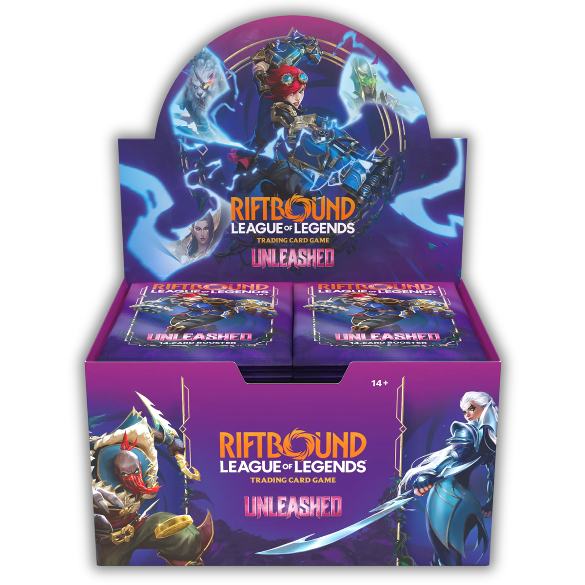 Riftbound League of Legends Unleashed trading card game display box with two booster packs inside, featuring colorful fantasy character artwork on a white background.