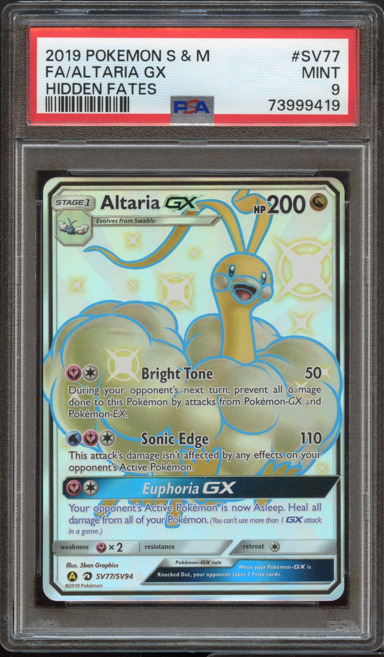 PSA 9 | Altaria GX Hidden Fates #SV77